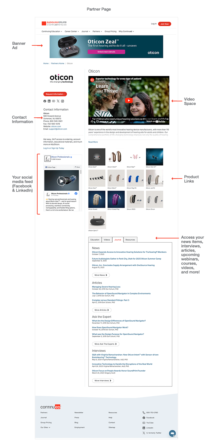 AudiologyOnline onsite partner opportunity ad placement, contact information, and other resource links