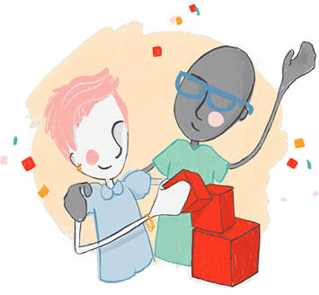 Illustration of two people celebrating while constructing with building blocks.