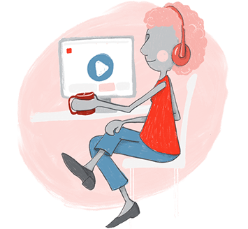 Illustration of a person with headphones learning on the site with a desktop computer.